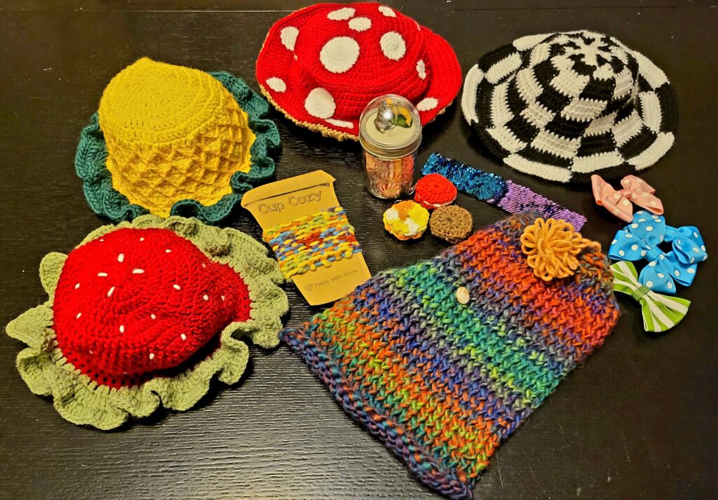 Hand-made crochet hats in a variety of different styles and colors.