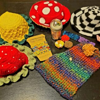 Hand-made crochet hats in a variety of different styles and colors.